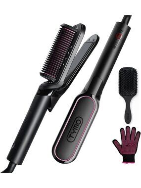 2-in-1 Flat Iron Hair Straightener Brush, Ceramic Hot Comb for Frizz-Free